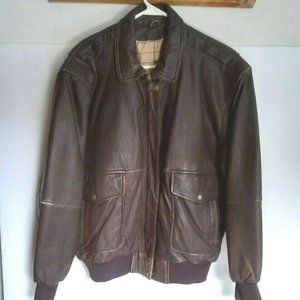 Leather Bomber Jacket Coat Vtg Brown Ribbed Waist n Cuffs Womens L Map Lining